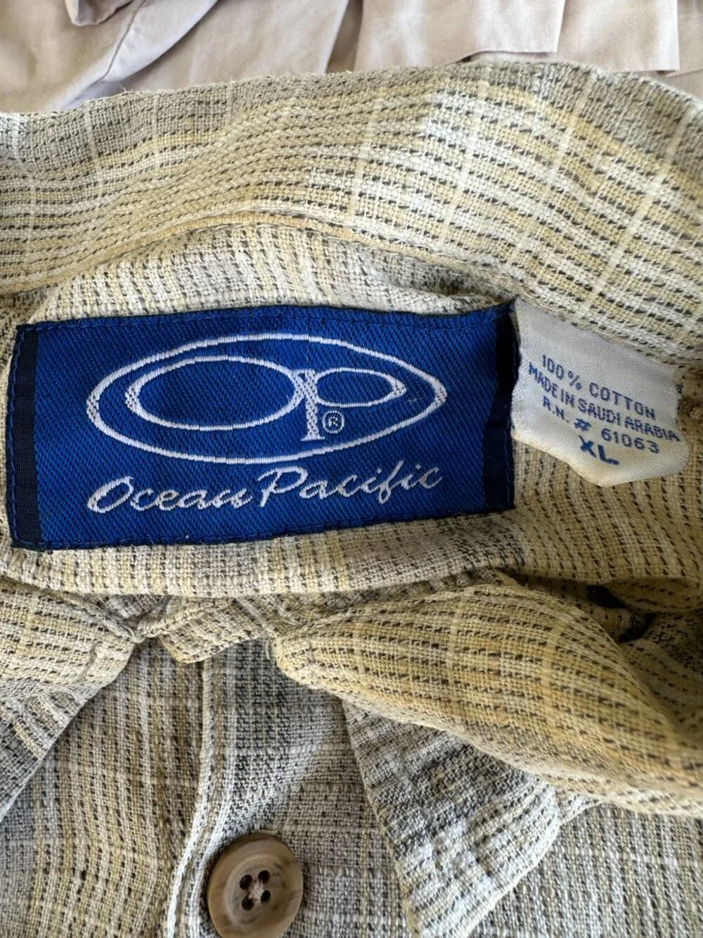 Vintage OP Ocean Pacific Men's Gray Beige Checks SS Button Front Shirt XL Cotton